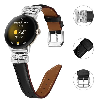 For Google Pixel Watch Rhinestone Genuine Cowhide Leather Watch Strap (Silver Buckle)