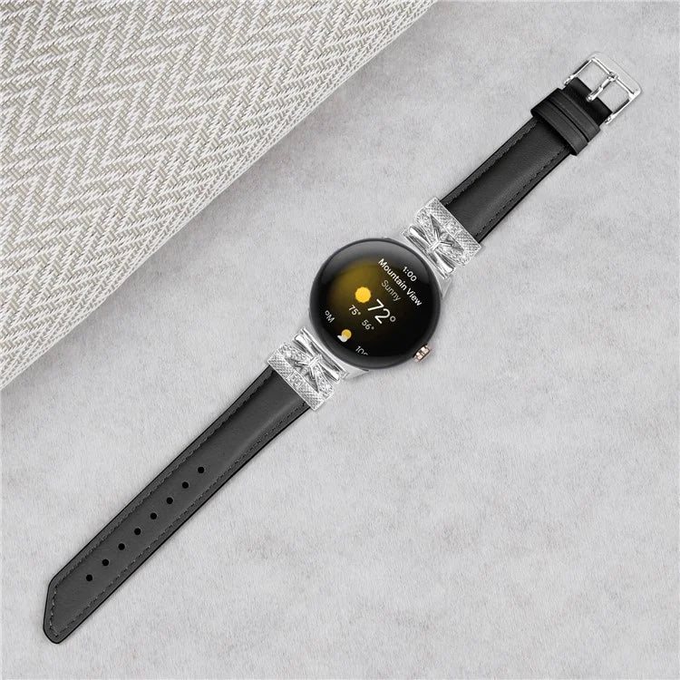 For Google Pixel Watch Rhinestone Genuine Cowhide Leather Watch Strap (Silver Buckle)