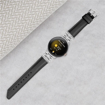 For Google Pixel Watch Rhinestone Genuine Cowhide Leather Watch Strap (Silver Buckle)