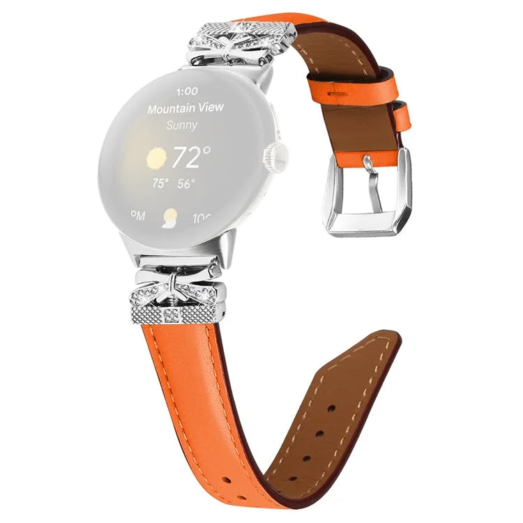 For Google Pixel Watch Rhinestone Genuine Cowhide Leather Watch Strap (Silver Buckle)