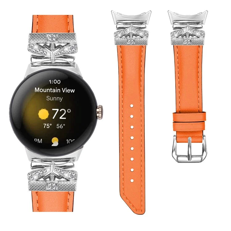 For Google Pixel Watch Rhinestone Genuine Cowhide Leather Watch Strap (Silver Buckle)