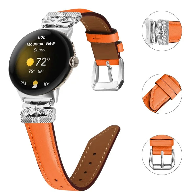 For Google Pixel Watch Rhinestone Genuine Cowhide Leather Watch Strap (Silver Buckle)