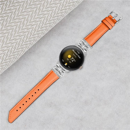For Google Pixel Watch Rhinestone Genuine Cowhide Leather Watch Strap (Silver Buckle)