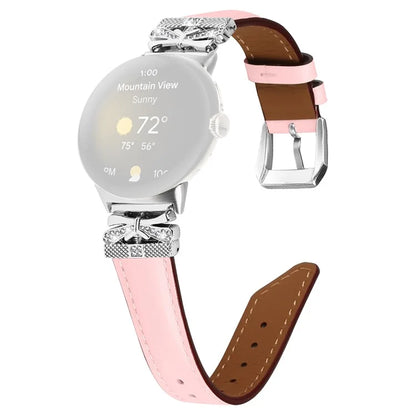 For Google Pixel Watch Rhinestone Genuine Cowhide Leather Watch Strap (Silver Buckle)