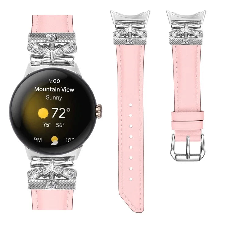 For Google Pixel Watch Rhinestone Genuine Cowhide Leather Watch Strap (Silver Buckle)