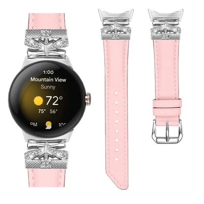 For Google Pixel Watch Rhinestone Genuine Cowhide Leather Watch Strap (Silver Buckle)