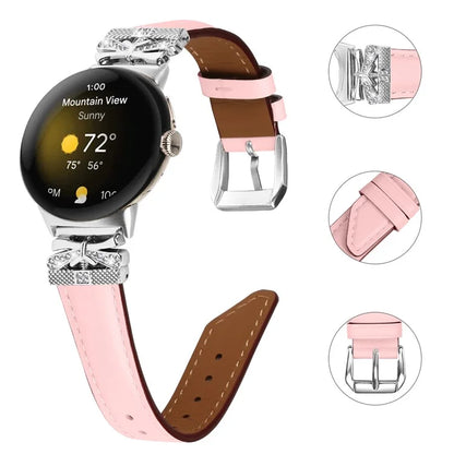 For Google Pixel Watch Rhinestone Genuine Cowhide Leather Watch Strap (Silver Buckle)