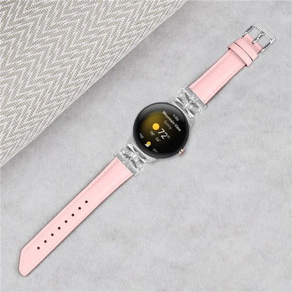 For Google Pixel Watch Rhinestone Genuine Cowhide Leather Watch Strap (Silver Buckle)