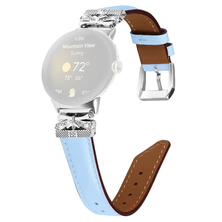For Google Pixel Watch Rhinestone Genuine Cowhide Leather Watch Strap (Silver Buckle)