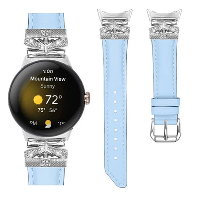 For Google Pixel Watch Rhinestone Genuine Cowhide Leather Watch Strap (Silver Buckle)