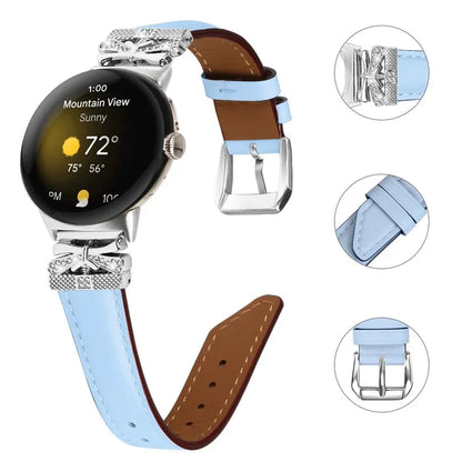 For Google Pixel Watch Rhinestone Genuine Cowhide Leather Watch Strap (Silver Buckle)