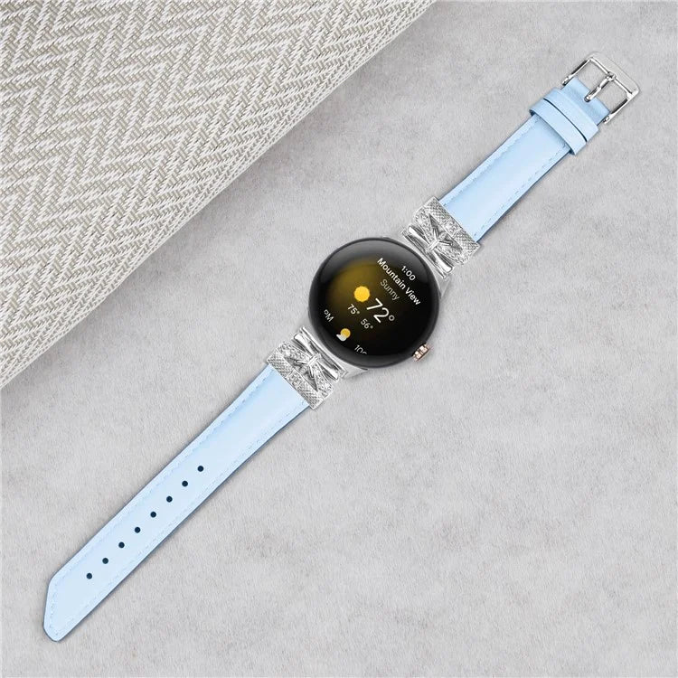 For Google Pixel Watch Rhinestone Genuine Cowhide Leather Watch Strap (Silver Buckle)