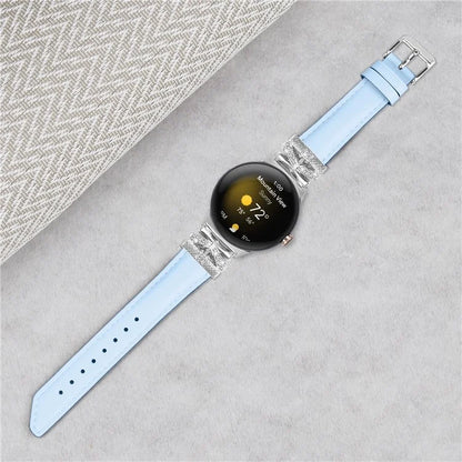 For Google Pixel Watch Rhinestone Genuine Cowhide Leather Watch Strap (Silver Buckle)