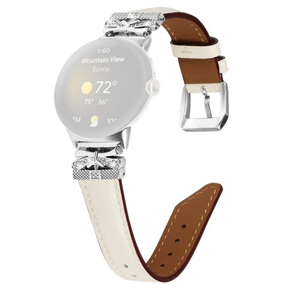 For Google Pixel Watch Rhinestone Genuine Cowhide Leather Watch Strap (Silver Buckle)