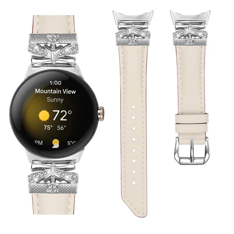 For Google Pixel Watch Rhinestone Genuine Cowhide Leather Watch Strap (Silver Buckle)