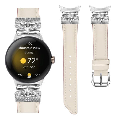 For Google Pixel Watch Rhinestone Genuine Cowhide Leather Watch Strap (Silver Buckle)