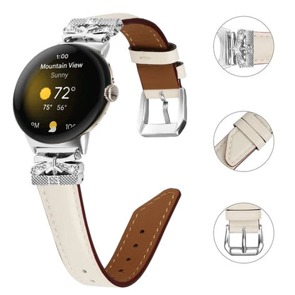 For Google Pixel Watch Rhinestone Genuine Cowhide Leather Watch Strap (Silver Buckle)