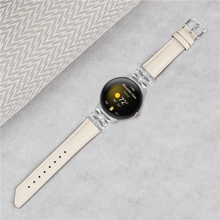 For Google Pixel Watch Rhinestone Genuine Cowhide Leather Watch Strap (Silver Buckle)
