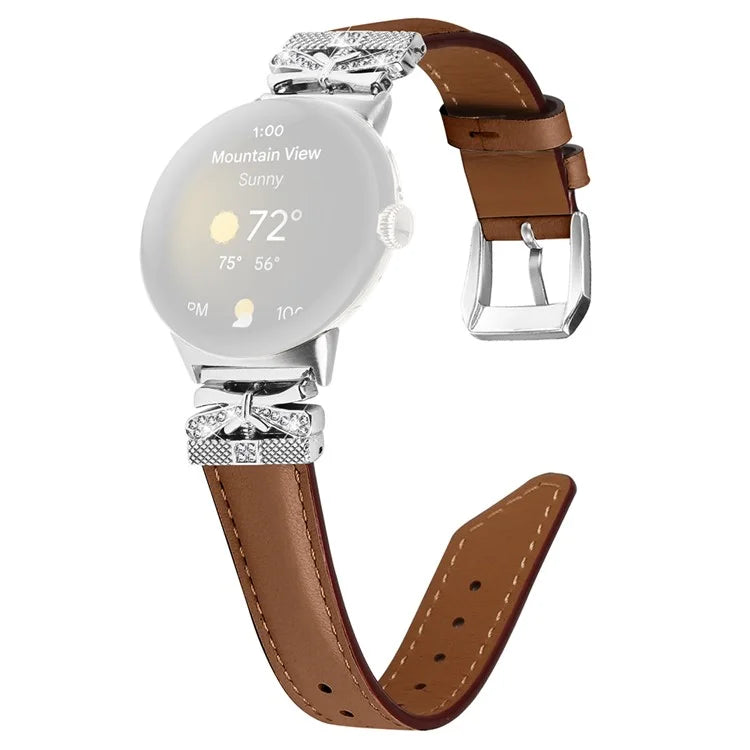 For Google Pixel Watch Rhinestone Genuine Cowhide Leather Watch Strap (Silver Buckle)