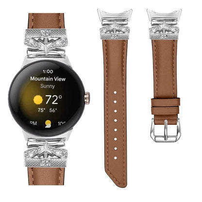 For Google Pixel Watch Rhinestone Genuine Cowhide Leather Watch Strap (Silver Buckle)