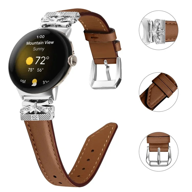 For Google Pixel Watch Rhinestone Genuine Cowhide Leather Watch Strap (Silver Buckle)