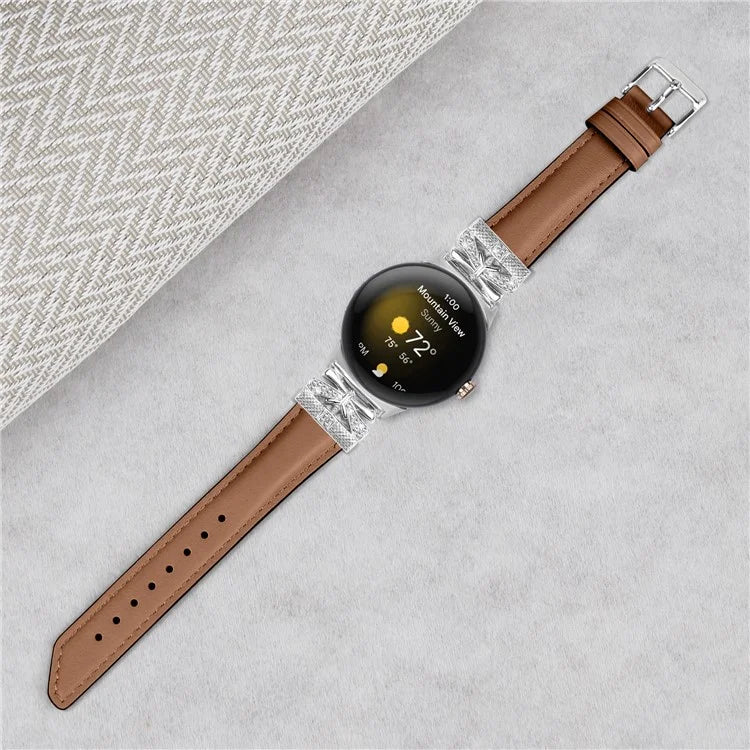 For Google Pixel Watch Rhinestone Genuine Cowhide Leather Watch Strap (Silver Buckle)
