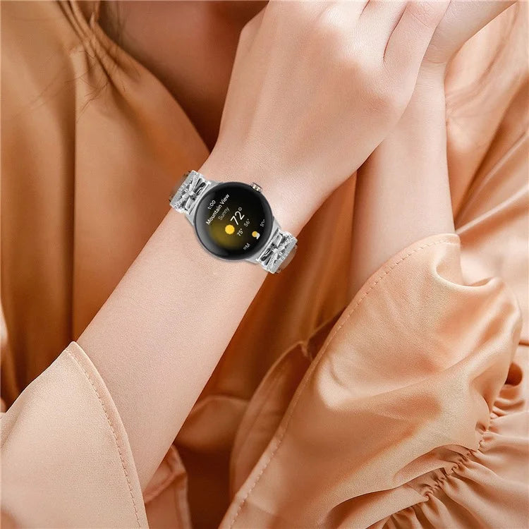 For Google Pixel Watch Rhinestone Genuine Cowhide Leather Watch Strap (Silver Buckle)