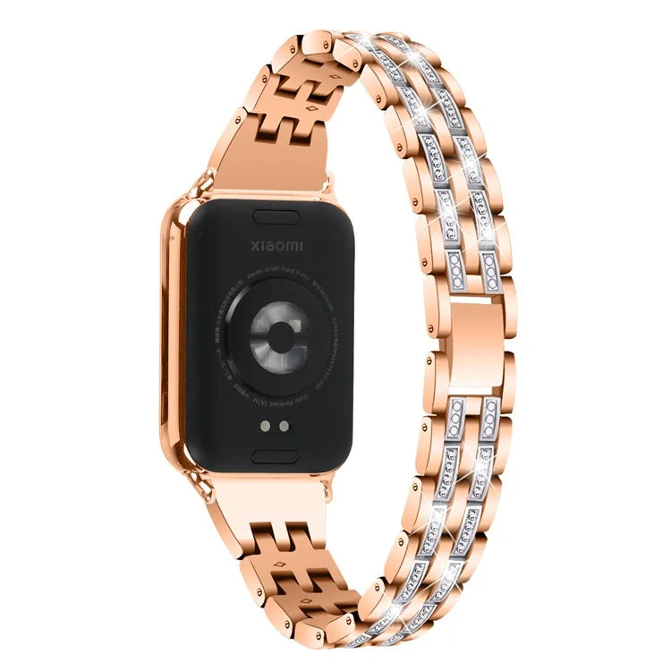 For Xiaomi Smart Band 8 Pro Metal Watch Strap 2-Row Rhinestone 5-Bead Watchband+Silver