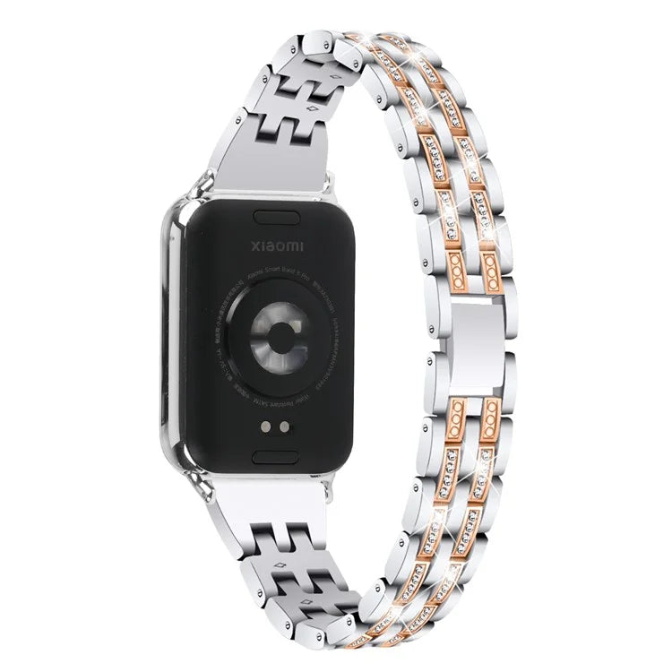 For Xiaomi Smart Band 8 Pro Metal Watch Strap 2-Row Rhinestone 5-Bead Watchband