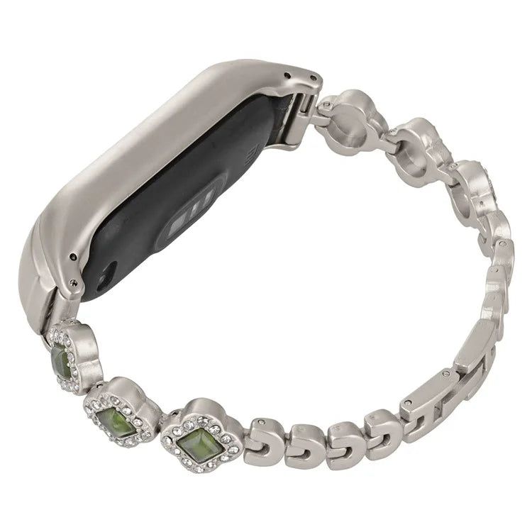 For Xiaomi Mi Band 7 Watch Strap Rhinestone Decor Clover Metal Watchband Replacement