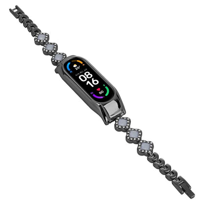 For Xiaomi Mi Band 5 / 6 Metal Watch Band Rhinestone Decor Clover Wrist Strap