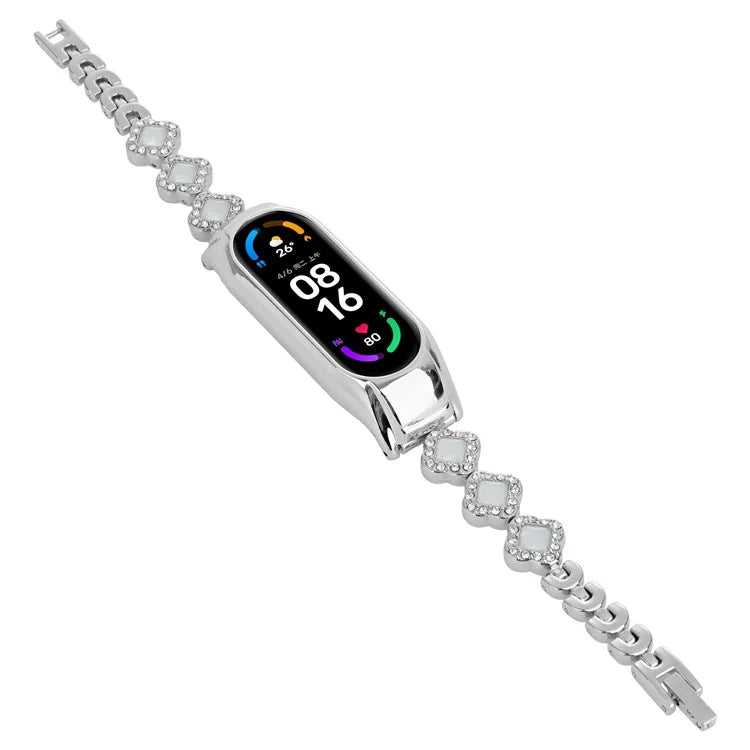 For Xiaomi Mi Band 5 / 6 Metal Watch Band Rhinestone Decor Clover Wrist Strap