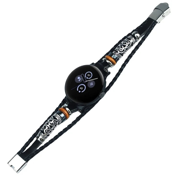 For Google Pixel Watch / Pixel Watch 2 Ethnic Braided Leather Watch Strap Beads Wrist Band