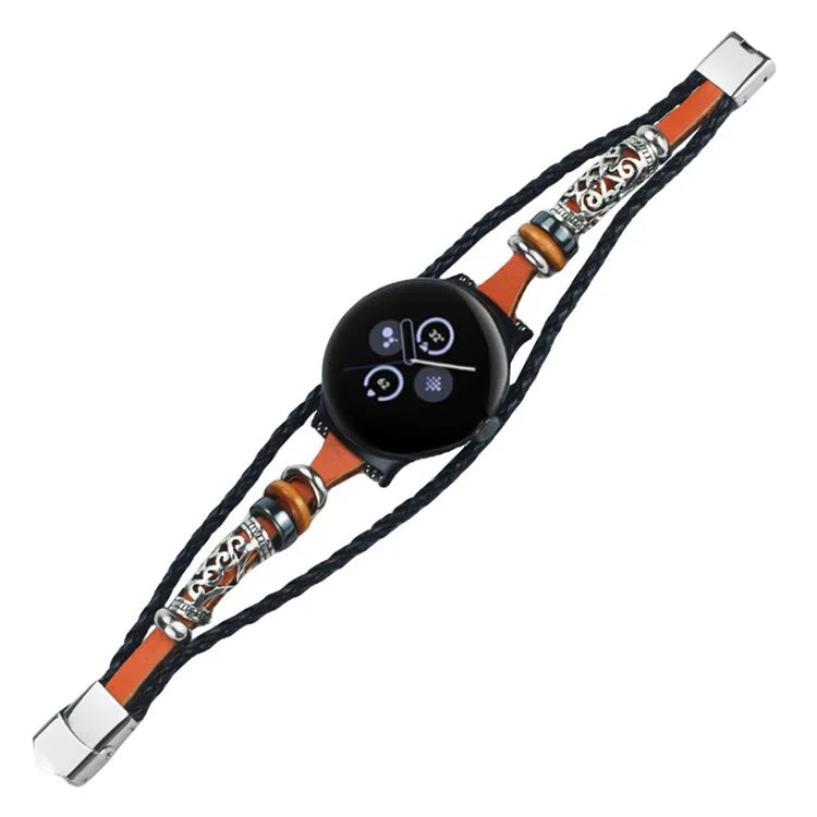 For Google Pixel Watch / Pixel Watch 2 Ethnic Braided Leather Watch Strap Beads Wrist Band