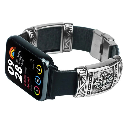 For Xiaomi Smart Band 8 Pro Watch Strap Embossment Design Retro PU Leather + Alloy Wrist Strap