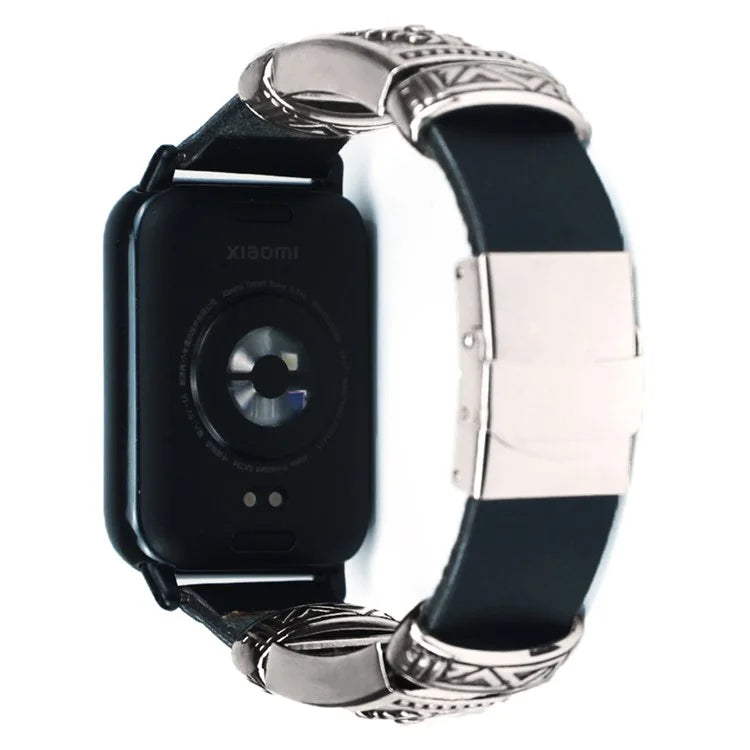 For Xiaomi Smart Band 8 Pro Watch Strap Embossment Design Retro PU Leather + Alloy Wrist Strap