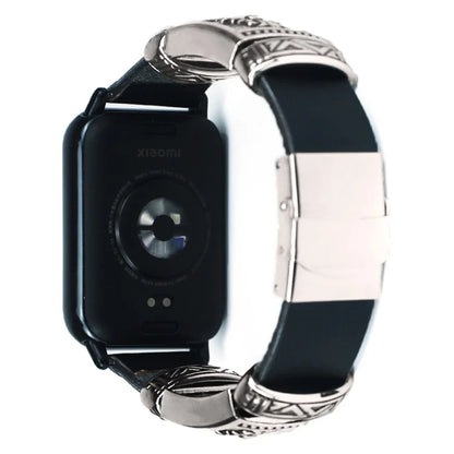 For Xiaomi Smart Band 8 Pro Watch Strap Embossment Design Retro PU Leather + Alloy Wrist Strap