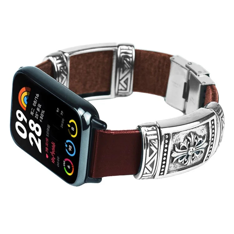 For Xiaomi Smart Band 8 Pro Watch Strap Embossment Design Retro PU Leather + Alloy Wrist Strap