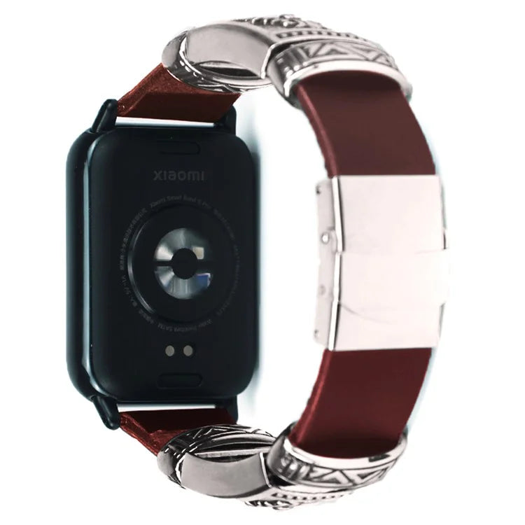 For Xiaomi Smart Band 8 Pro Watch Strap Embossment Design Retro PU Leather + Alloy Wrist Strap