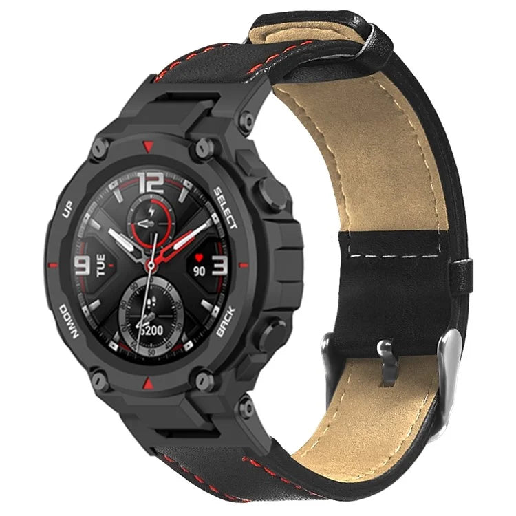 For Huami Amazfit T-Rex / T-Rex Pro Replacement Watch Band Stitching Genuine Cow Leather Wrist Strap, Black