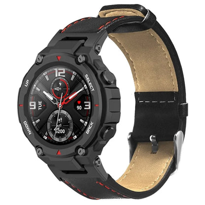 For Huami Amazfit T-Rex / T-Rex Pro Replacement Watch Band Stitching Genuine Cow Leather Wrist Strap, Black