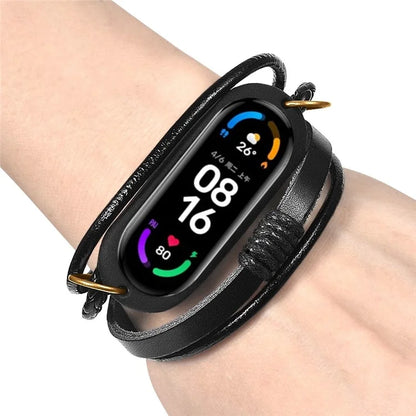 For Xiaomi Mi Band 7 / 6 / 5 NFC Watch Strap Braided Rope Leather Bracelet
