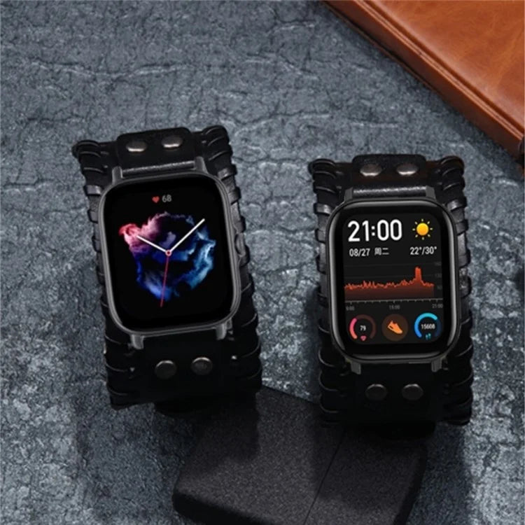 For Huami Amazfit GTS 4 / 3 / 2 / 2 mini / Bip Watch Band Rivet Punk Style 20mm Cowhide Leather Bracelet Strap