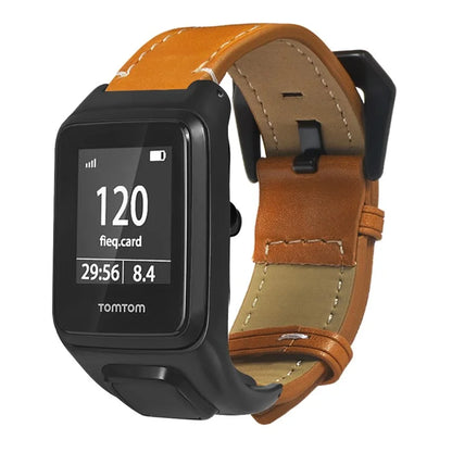 For TomTom Runner 3 / Adventurer Genuine Cow Leather Band Electroplating Buckle  Watch Strap with Case
