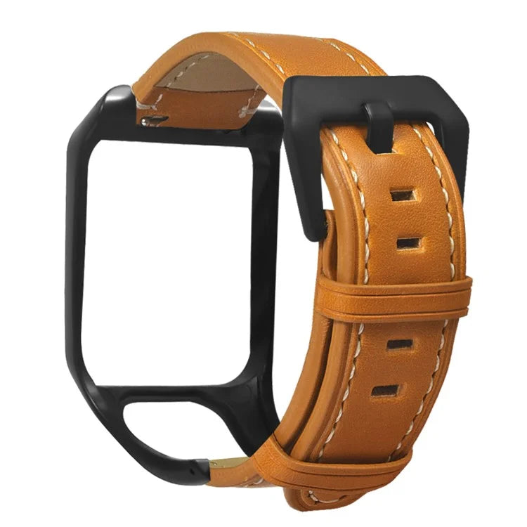 For TomTom Runner 3 / Adventurer Genuine Cow Leather Band Electroplating Buckle  Watch Strap with Case