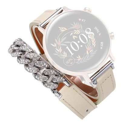 22mm Universal Smart Watch Band Bling Rhinestone Genuine Cow Leather+Chain Strap Replacement