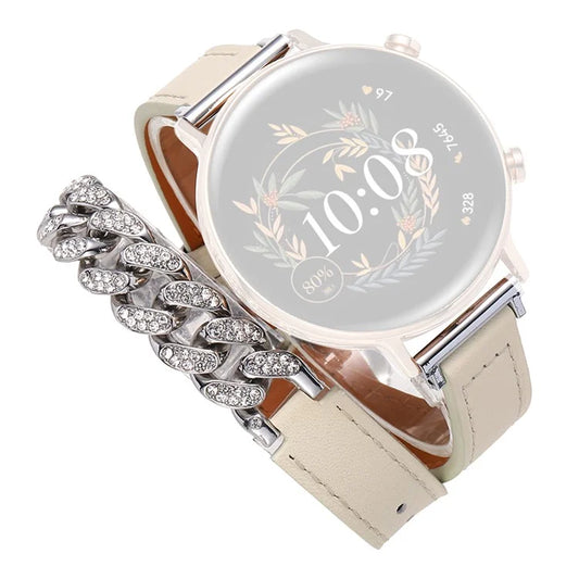 22mm Universal Smart Watch Band Bling Rhinestone Genuine Cow Leather+Chain Strap Replacement