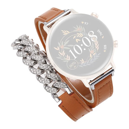 22mm Universal Smart Watch Band Bling Rhinestone Genuine Cow Leather+Chain Strap Replacement