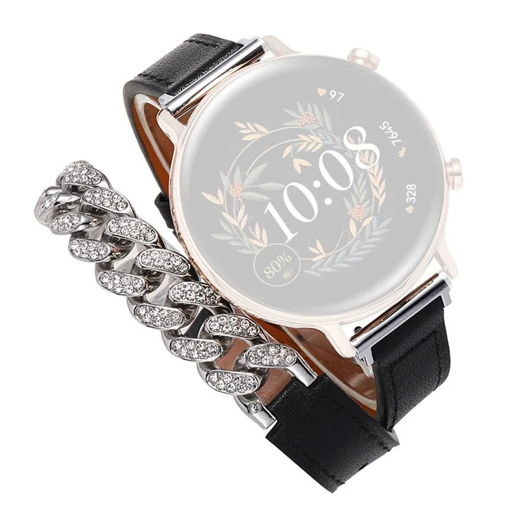 22mm Universal Smart Watch Band Bling Rhinestone Genuine Cow Leather+Chain Strap Replacement