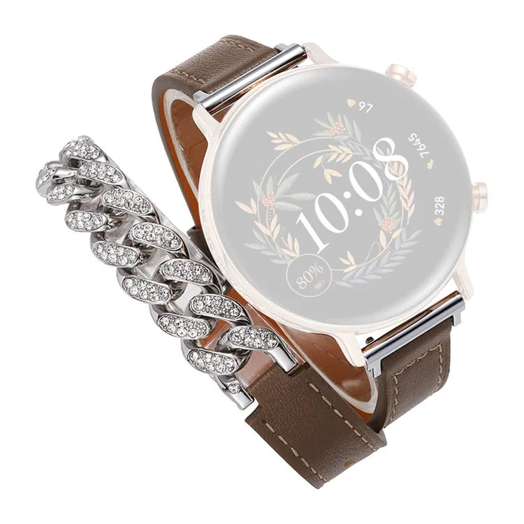 22mm Universal Smart Watch Band Bling Rhinestone Genuine Cow Leather+Chain Strap Replacement